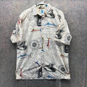 Hook & Tackle Shirt Mens Large Cream Fishing Map Nautical Graphic Button Down